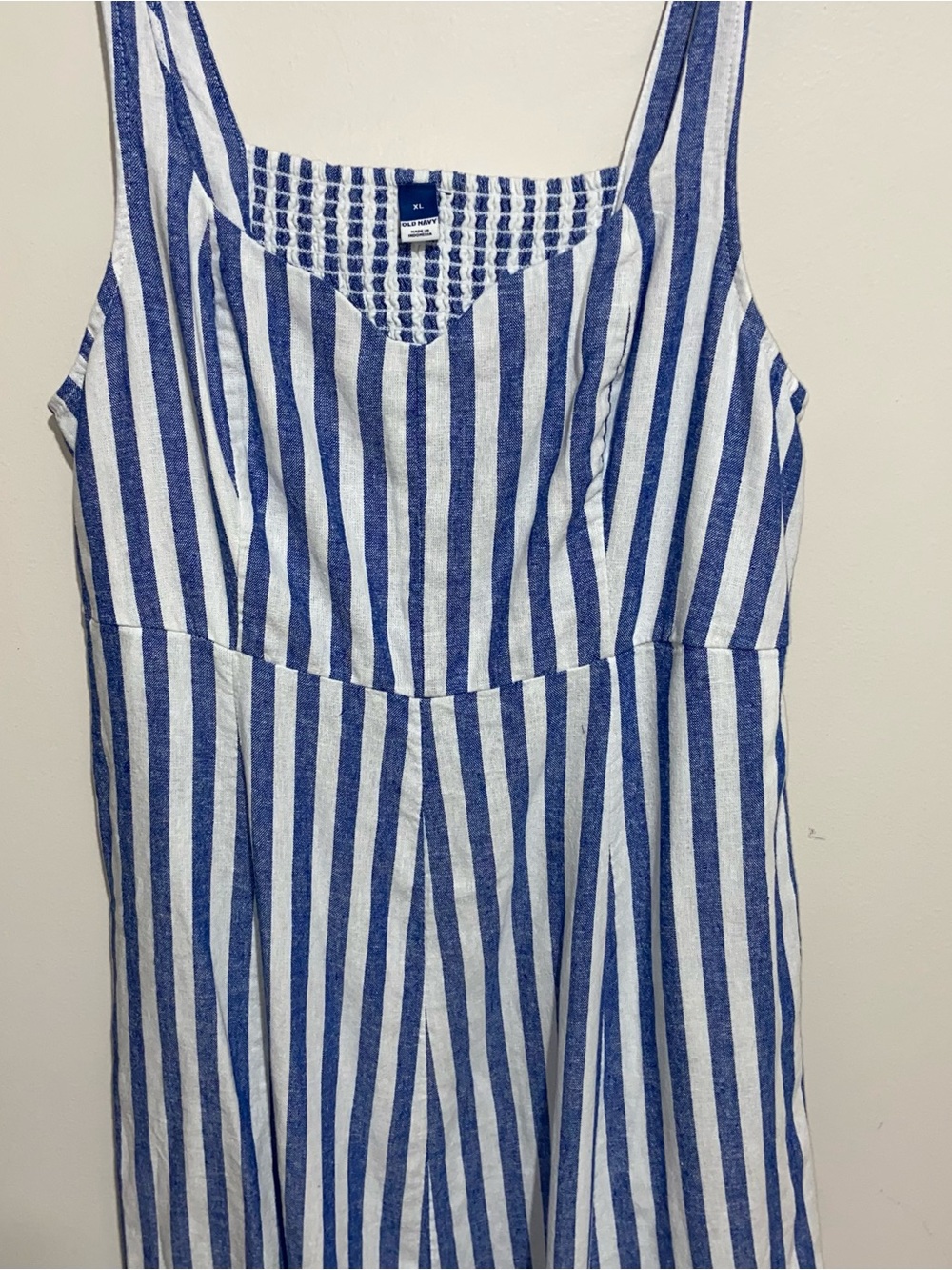 Old Navy Dress Womens XL Linen Blend Smocked Pockets Coastal Nautical Beach Blue - Picture 3 of 11